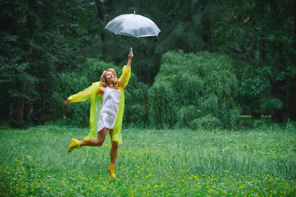 woman, park, stroll, summer, nature, umbrella, forest, glade, raincoat, yellow, yellow boots, yellow raincoat, jump